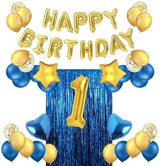 Blue And Gold First Happy Birthday Banner Decorations Combo- 56Pcs Set Kit