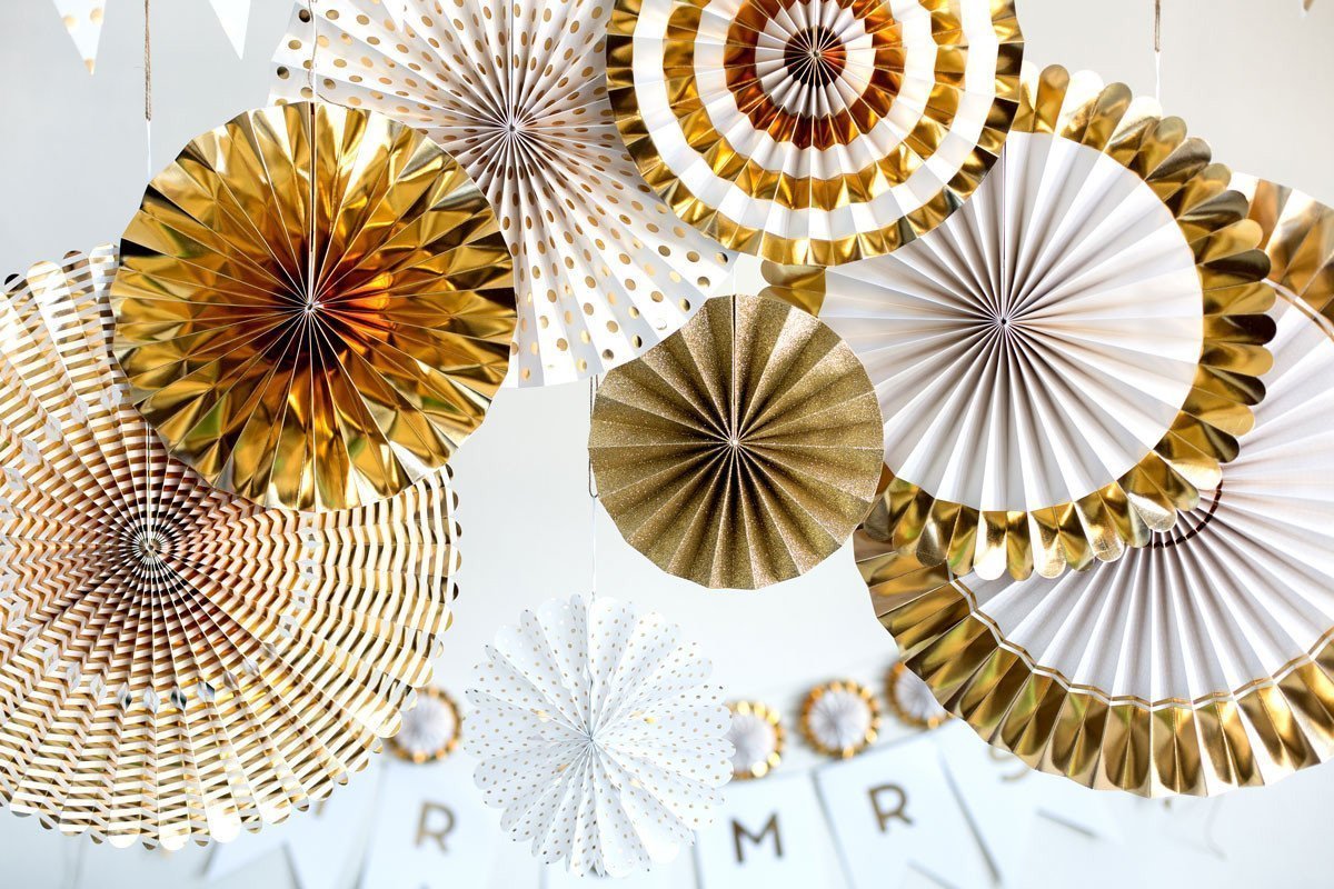Paper Fans For Decoration Birthday Party Trend Party Fan For Wedding Birthday Showers -Golden (Pack Of 8)