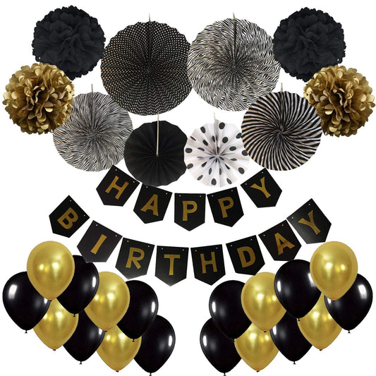 Happy Birthday Banner, Tissue Paper Pom Poms, Hanging Paper Fan Set And 20 Pieces Balloons For Birthday Party Decorations