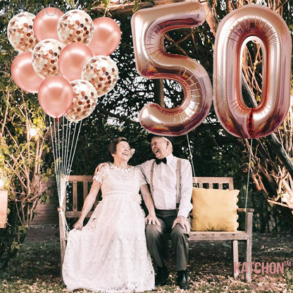 50th Balloon Number Rose Gold and Confetti Balloons