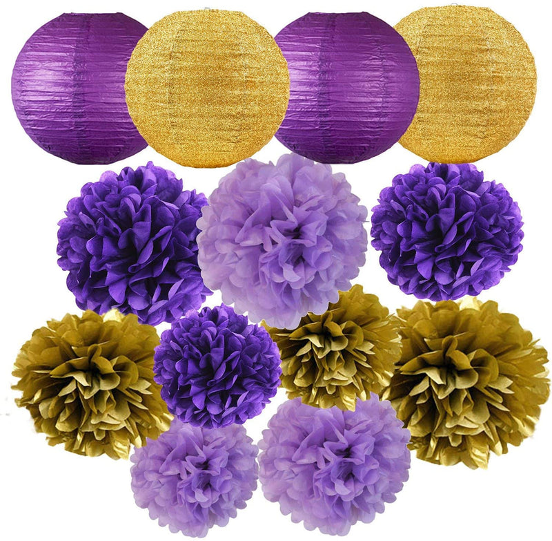 Purple and Gold Tissue Paper Pompoms And Paper Lanterns -Party Decorations