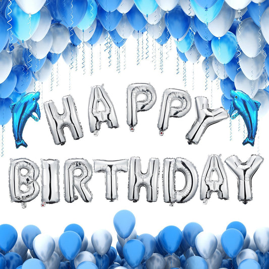 Happy Birthday Decoration Kits, Ocean Dolphin Balloons For Party Supplies(Blue And Silver)-Set Of 53