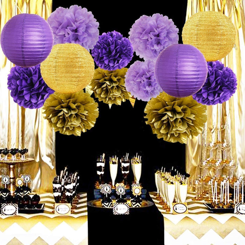 Purple and Gold Tissue Paper Pompoms And Paper Lanterns -Party Decorations
