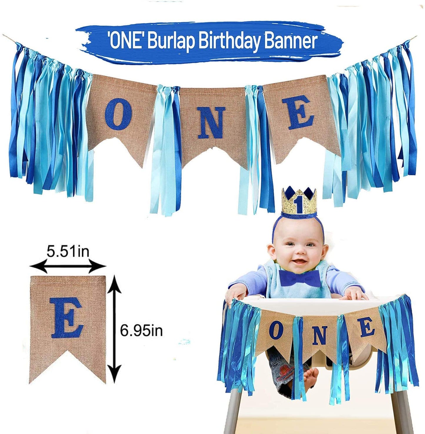 1St Birthday Decoration For Boy - Crown, Burlap Banner High Chair Decoration And Cake Topper