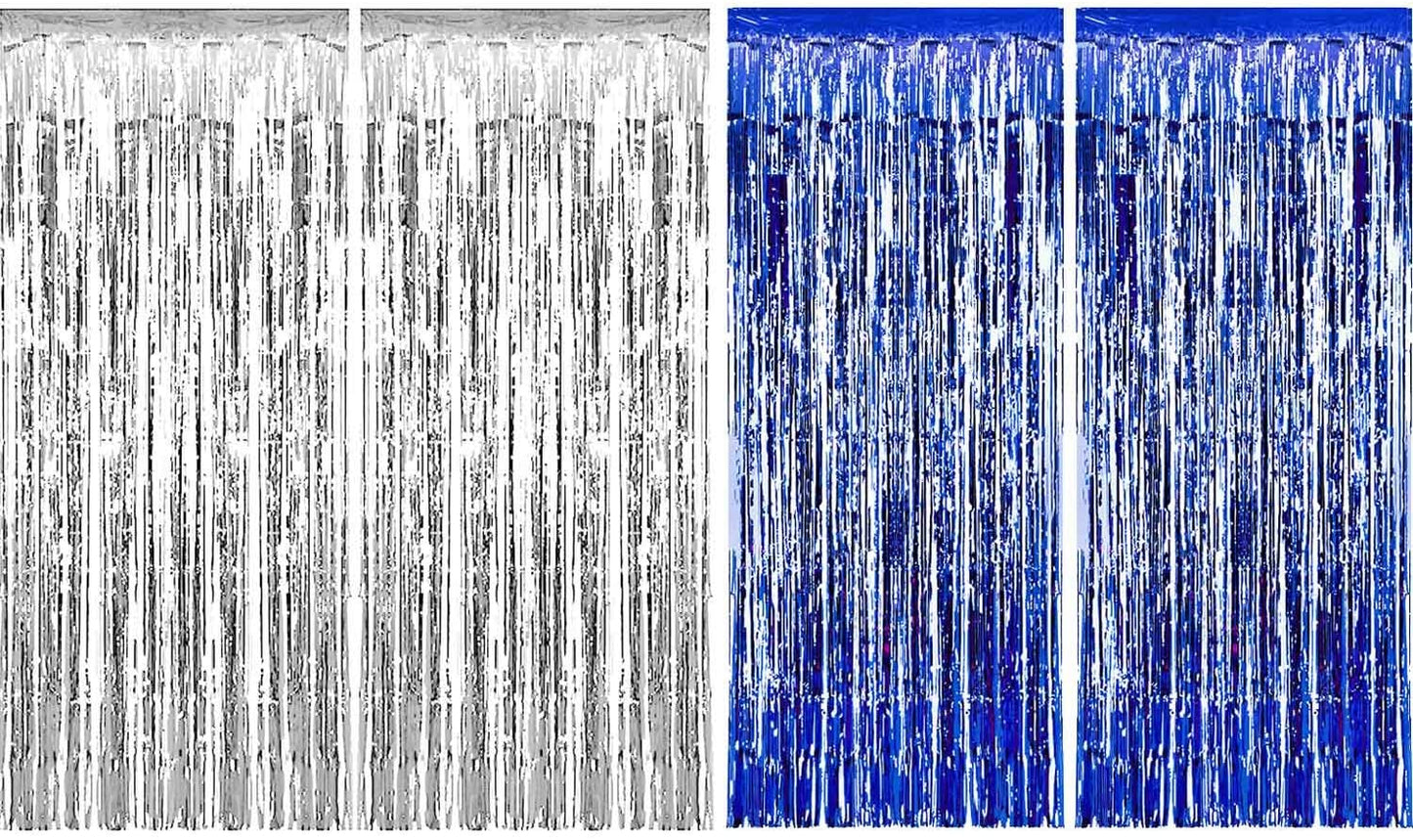 Blue Silver Metallic Tinsel Foil Fringe Curtains Party Decorations