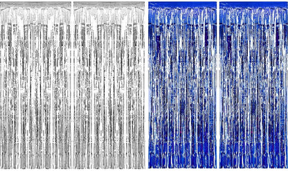 Blue Silver Metallic Tinsel Foil Fringe Curtains Party Decorations