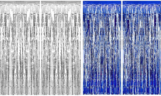 Blue Silver Metallic Tinsel Foil Fringe Curtains Party Decorations