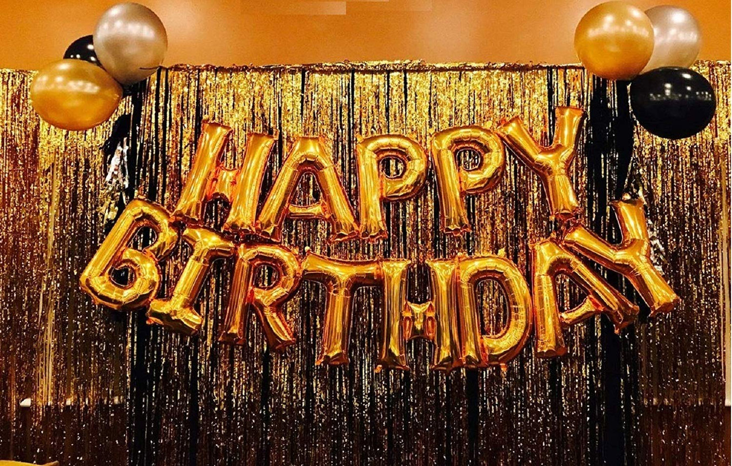 Happy Birthday Letter Foil Balloon Set Of Gold + 2 Pcs Of Gold Fringe Curtain (3 X 6 Feet) + Pack Of 30 Pcs Metallic Balloons (Black, Gold And Silver)