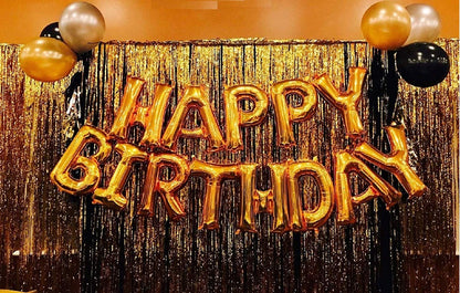 Happy Birthday Letter Foil Balloon Set Of Gold + 2 Pcs Of Gold Fringe Curtain (3 X 6 Feet) + Pack Of 30 Pcs Metallic Balloons (Black, Gold And Silver)