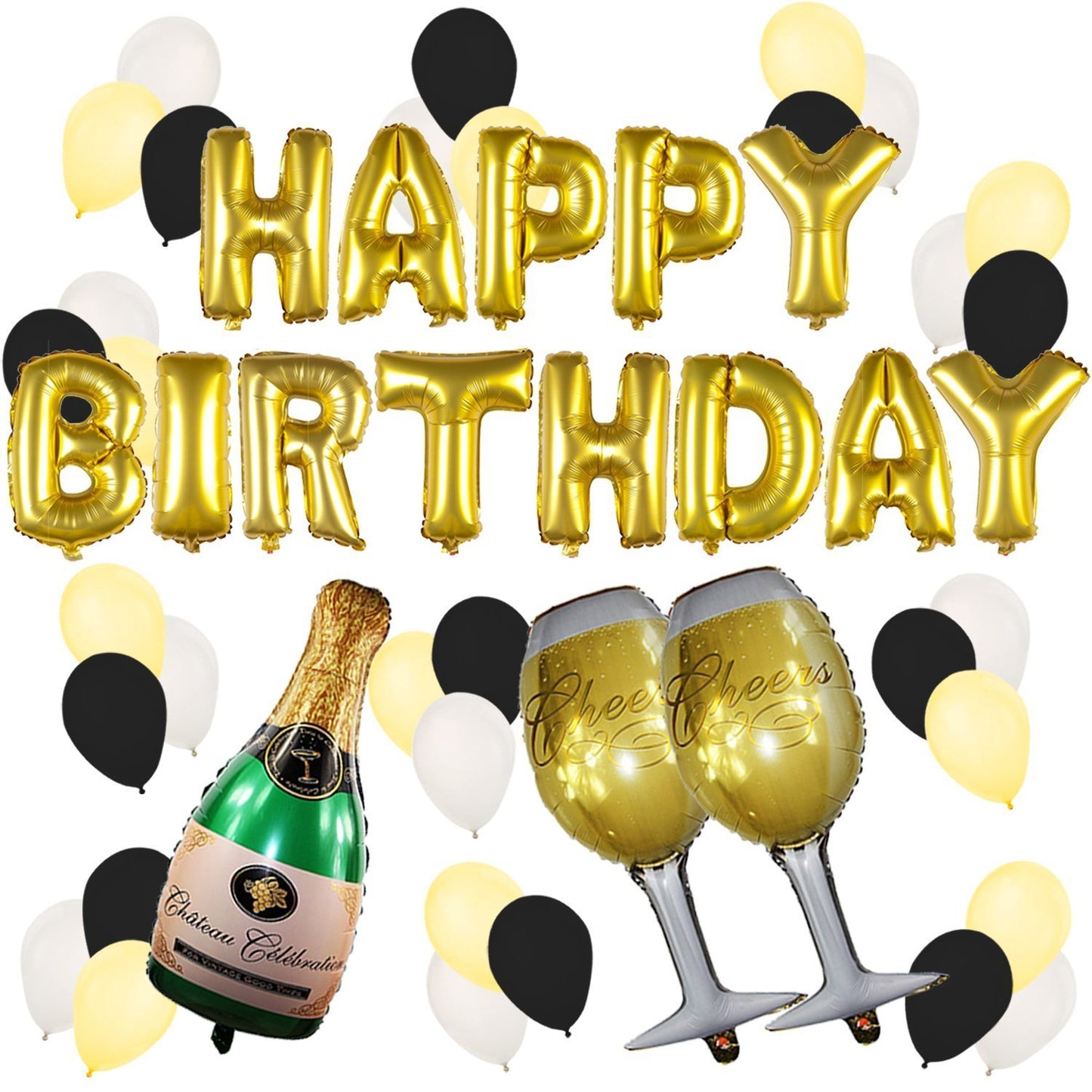 Gold White Black Decoration Kit-Happy Birthday Foil And Champagne Balloon & Two Glass Foil And Latex Balloons