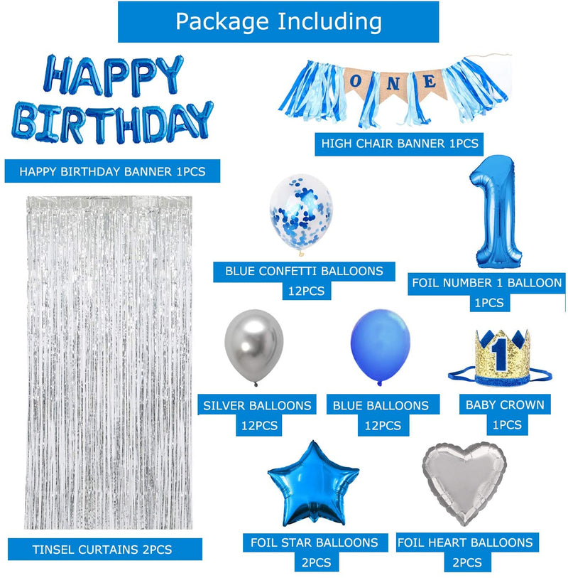 Blue And Silver First Happy Birthday Banner Decorations Combo- 59Pcs Set Kit