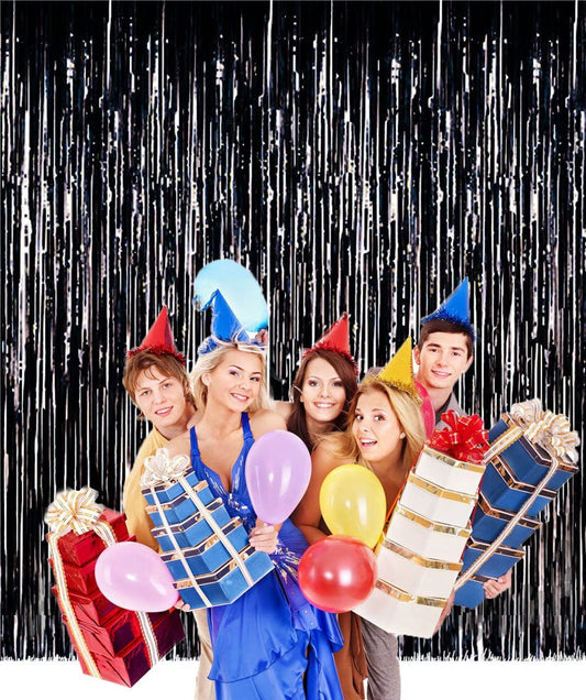 Black Metallic Tinsel Foil Fringe Curtains For Birthday Party Decorations