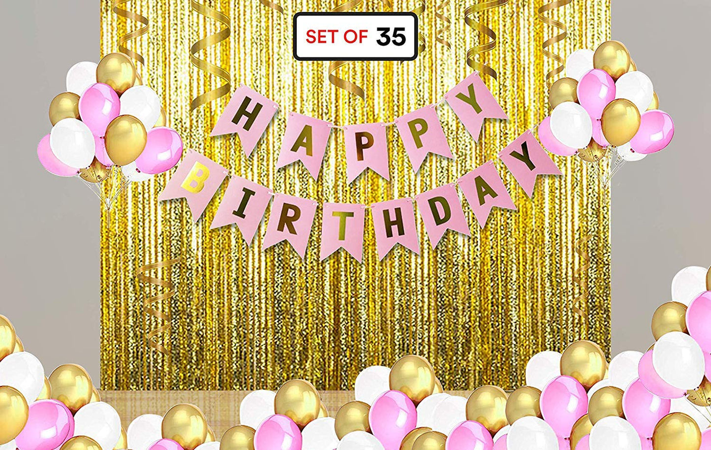 Birthday Decoration Combo For Girls - Pink Banner, Pink, White &Golden Balloons & Fringe Curtain Golden