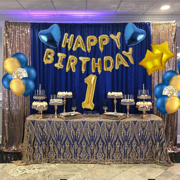 Blue And Gold First Happy Birthday Banner Decorations Combo- 56Pcs Set Kit