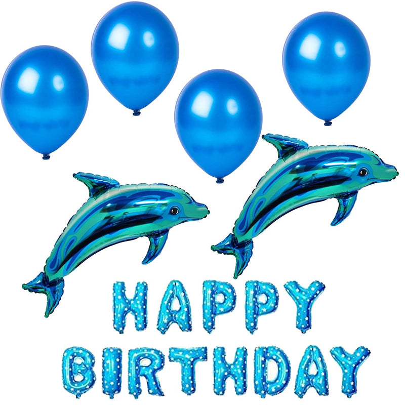 4 Pcs Dolphin/Fish Shape/Shark Foil Balloons With Happy Birthday Foil +50 Blue Balloons For Decoration