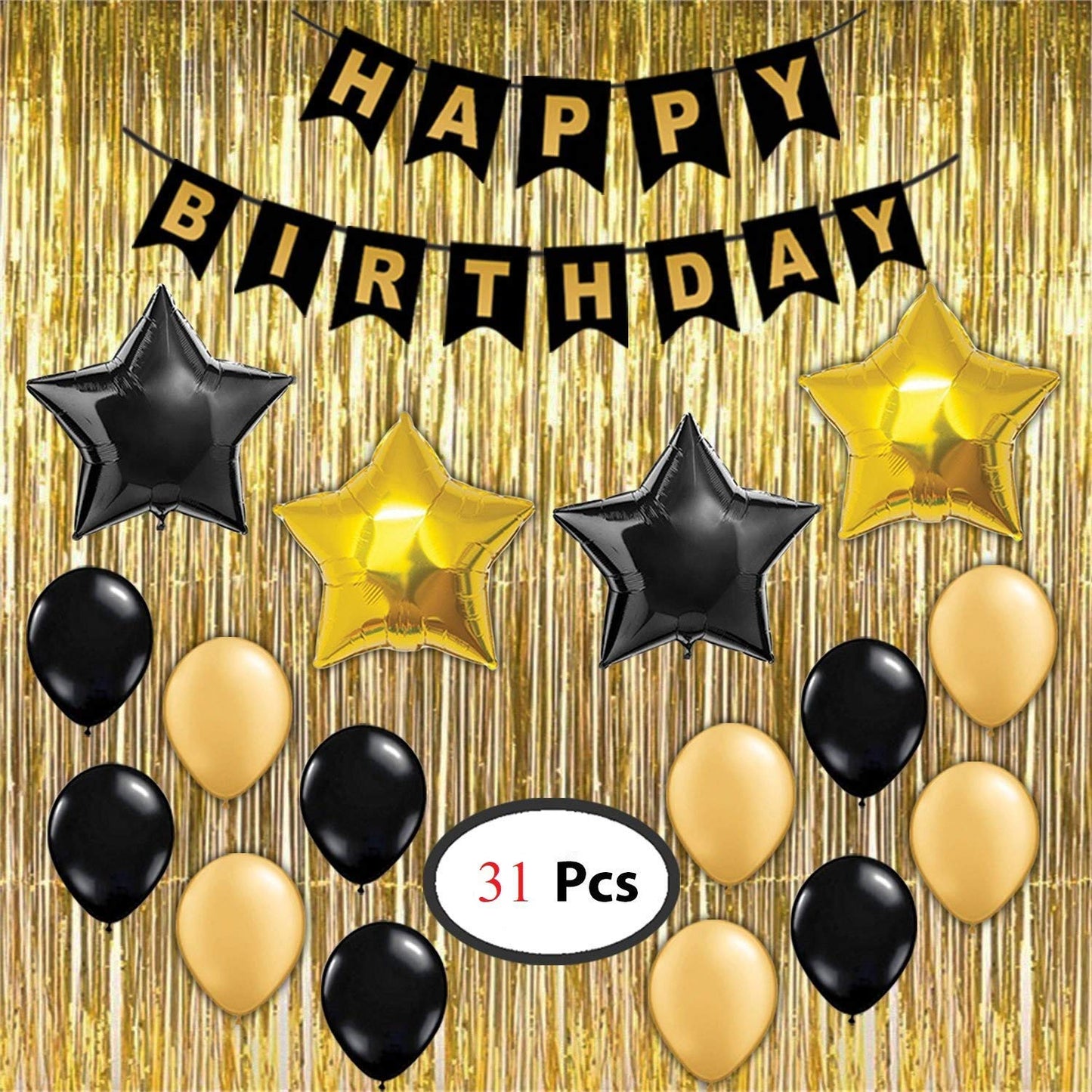 Gold And Black Birthday Decoration Combo Kit"-Banner, Fringe Curtain Golden ,Star Foil & Latex Balloons