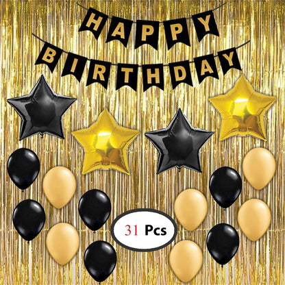 Gold And Black Birthday Decoration Combo Kit"-Banner, Fringe Curtain Golden ,Star Foil & Latex Balloons