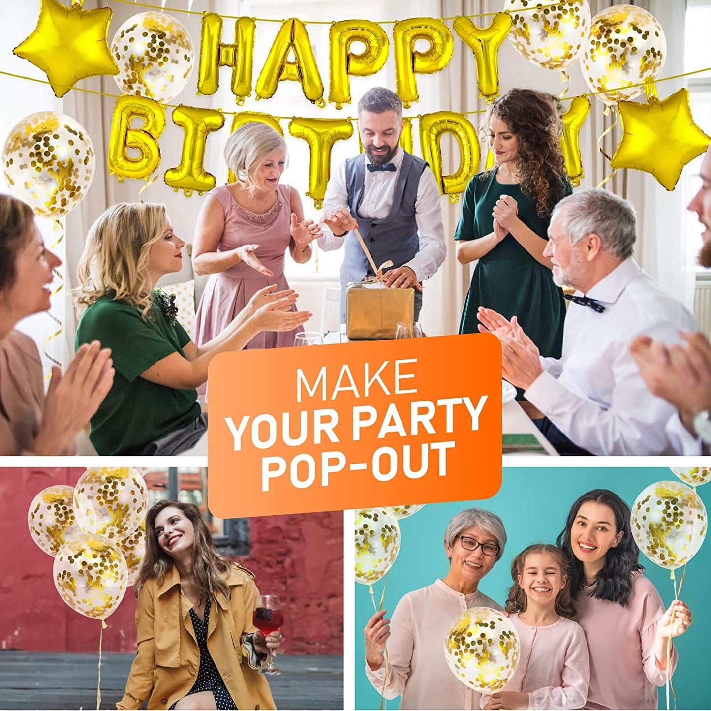 Gold Happy Birthday Decorations-Balloons Letter Banner Set ,Star Foil Balloon And Confetti Balloons