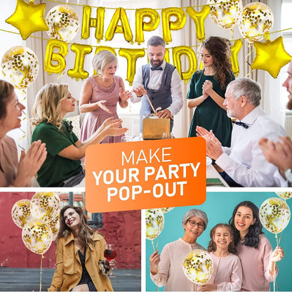Gold Happy Birthday Decorations-Balloons Letter Banner Set ,Star Foil Balloon And Confetti Balloons