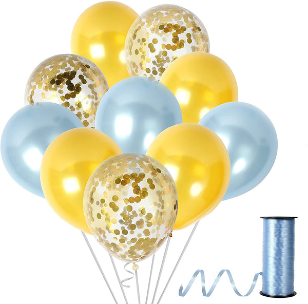 Metallic Gold And Light Blue Balloons and Gold Confetti Balloon