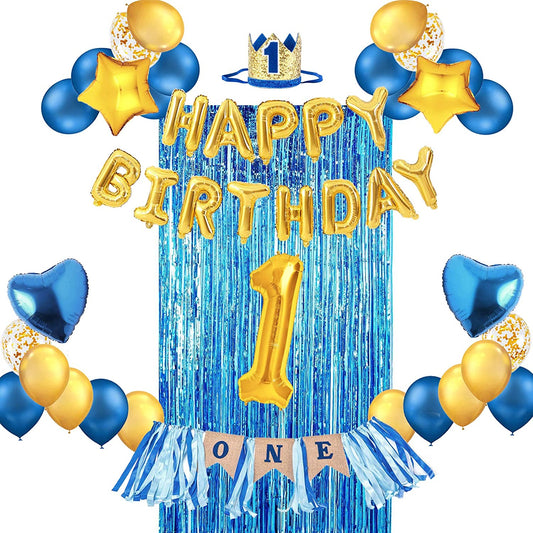 Blue And Gold First Happy Birthday Banner Decorations Combo- 59Pcs Set