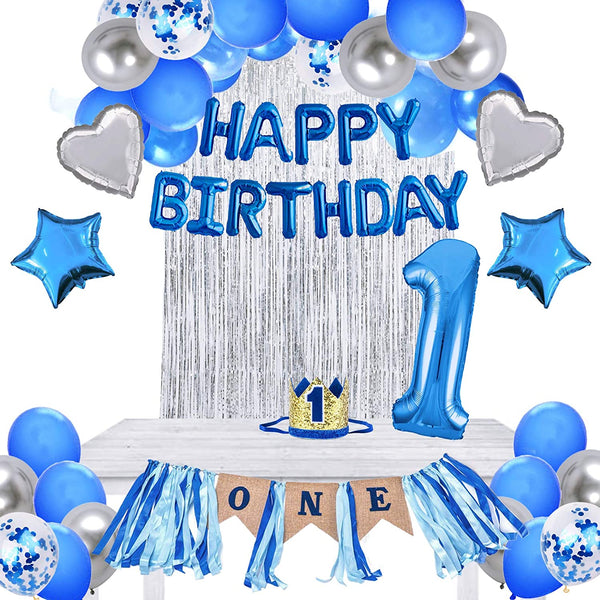 Blue And Silver First Happy Birthday Banner Decorations Combo- 59Pcs Set Kit