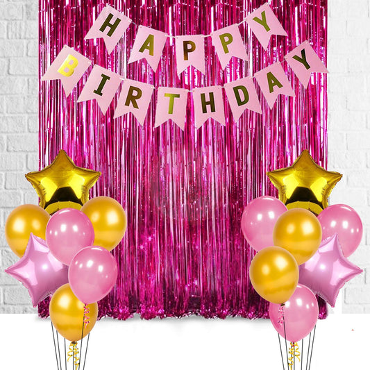 Happy Birthday Decoration Combo For Birthday Decoration For Girl Birthday, Party Supplies (Pink-Gold)