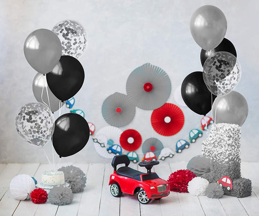 Metallic Silver And Black Balloons And 12 Inch Silver Confetti Balloon(With Ribbon) - Pack of 40