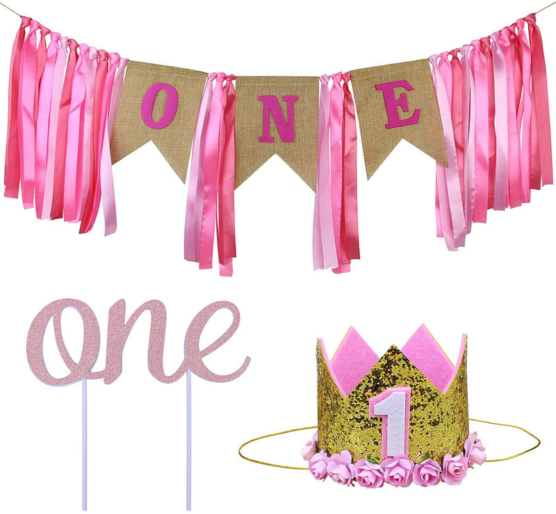 1St Birthday Decoration For Girl -  Burlap Banner High Chair Decoration And Cake Topper