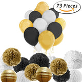 Decoration With Balloons, Paper Lanterns And Paper Pom Poms, 73 Pcs, (Black And Gold).