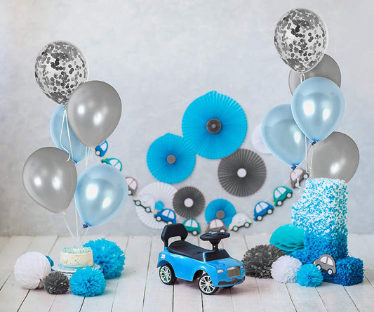 Metallic Silver And Blue Balloons And  Silver Confetti Balloon(With Ribbon)