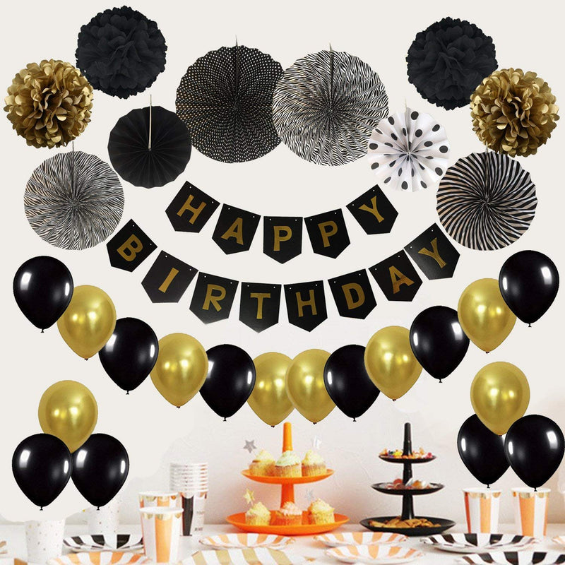 Happy Birthday Banner, Tissue Paper Pom Poms, Hanging Paper Fan Set And 20 Pieces Balloons For Birthday Party Decorations