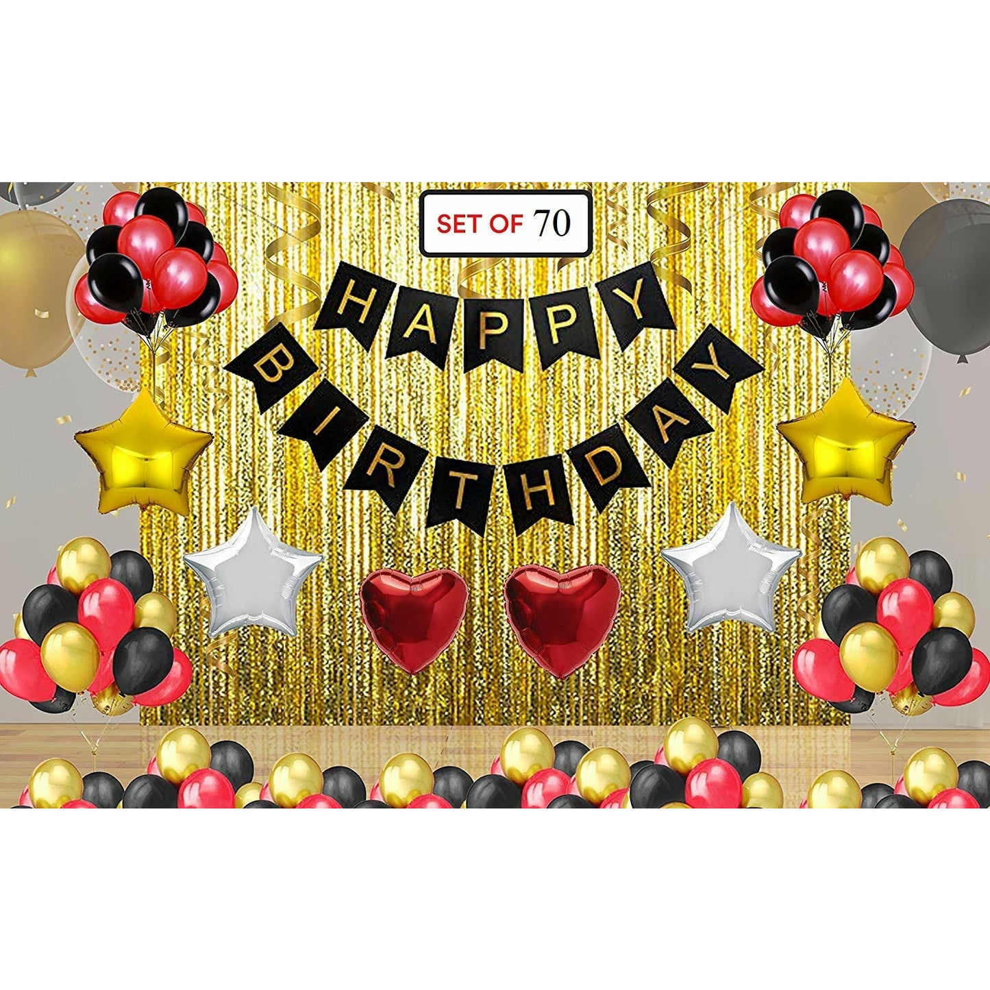 Happy Birthday Decoration Combo, HBD Banner - Gold Foiled Fringe Curtain - Foil Balloons - Latex Balloons, Photo Props
