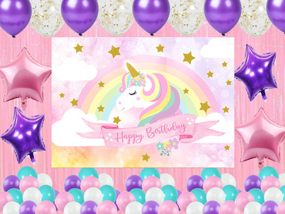 Unicorn Theme Birthday Party Decoration Kit with Backdrop & Balloons