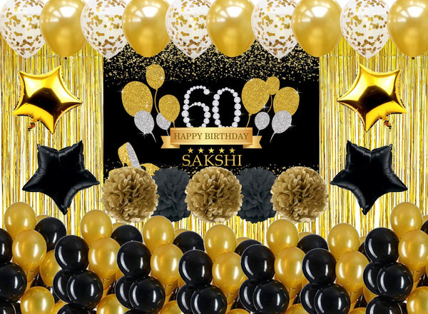 60th Birthday Party Decorations Complete Set for Birthday Party -Backdrop & Decorations Kit with  Pom Pom Pump Glue Dot & Balloon Strip