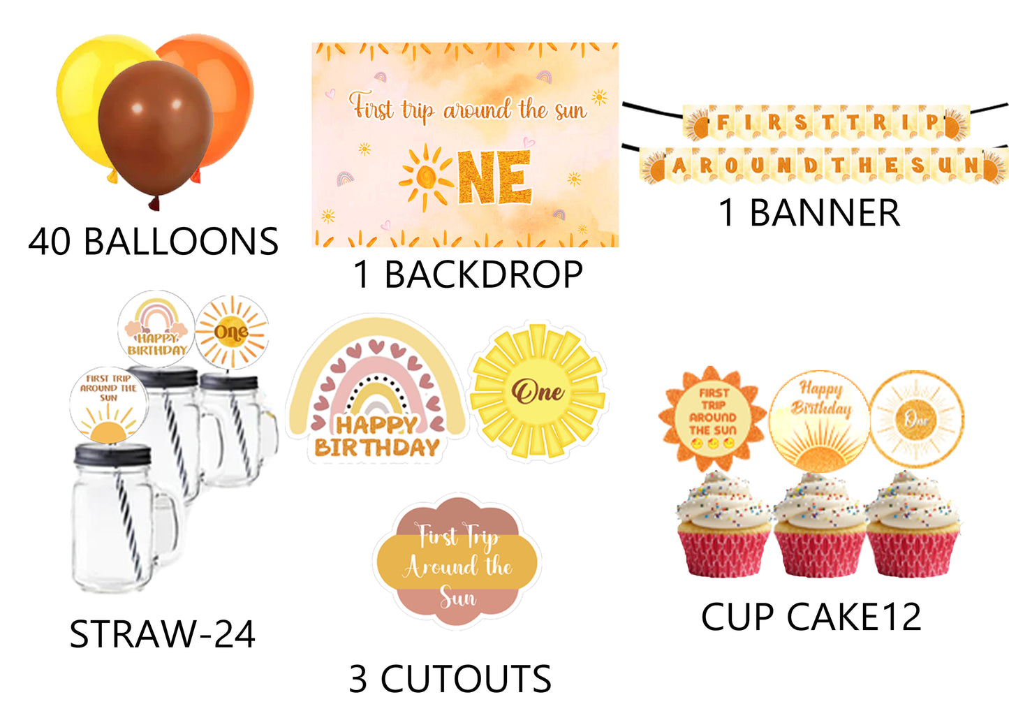 First Trip Around the Sun Theme Birthday Party Combo Kit with Backdrop & Decorations