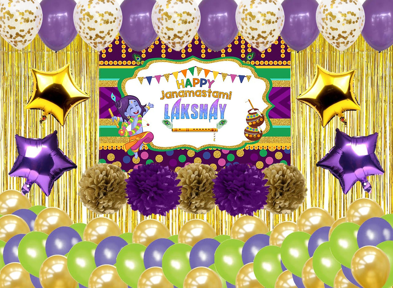Krishna Theme /Janmashtami Complete Decoration Kit with Backdrop with Pom pom