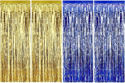 Blue and Gold Metallic Tinsel Foil Fringe Curtains Party Decorations
