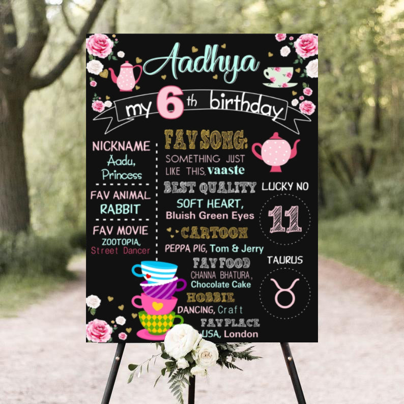 Tea Theme Customized Chalkboard/Milestone Board for Kids Birthday Party