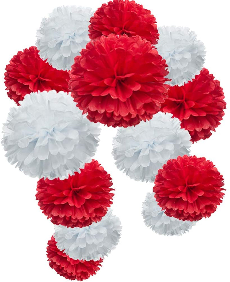 Red And White Pom Pom Flower Decoration For Birthday Parties, Anniversary Party & Baby Shower