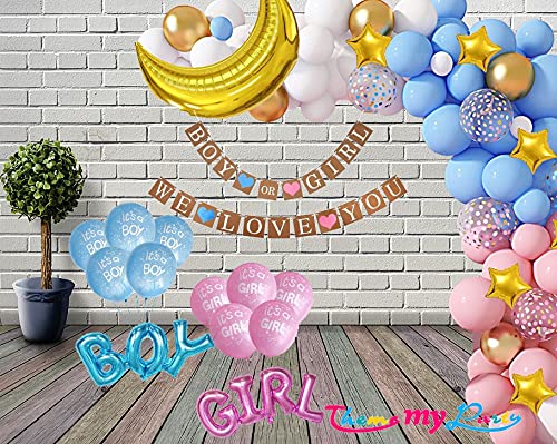Boy Or Girl We Love You Baby Shower Decoration kit for Banner, Metallic Blue, Pink and White Balloons with Foil Balloons Decoration Baby Shower