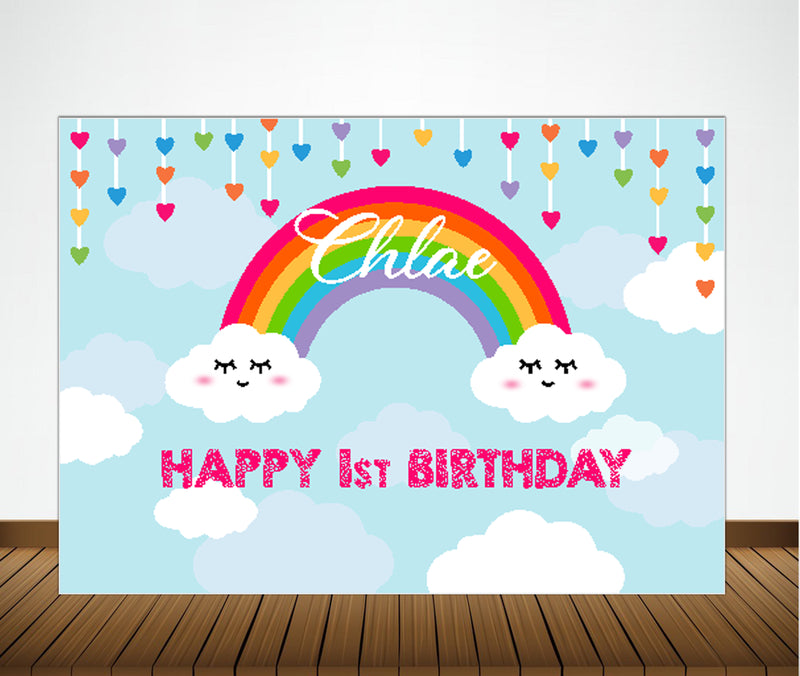 Personalize Rainbow Blue Birthday Party Backdrop Banner