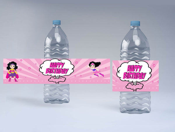 Super Girl Theme Birthday Party Water Bottle Labels