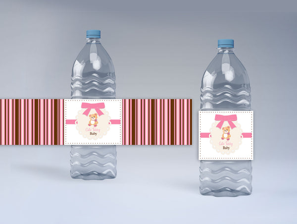 Cute Teddy Welcome Baby Girl Water Bottle Labels