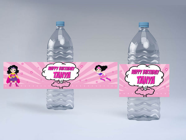 Super Girl Theme Birthday Party Water Bottle Labels