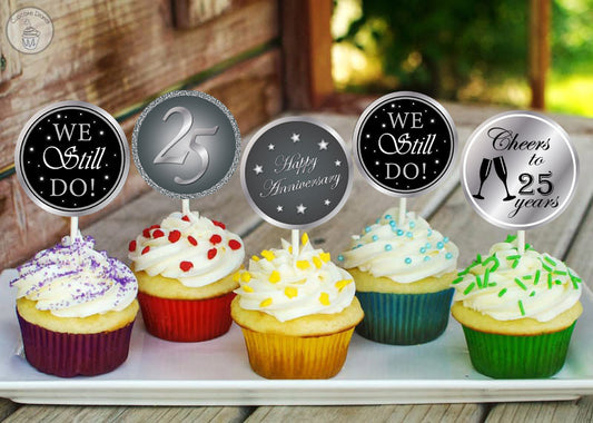 25th Anniversary Party Cupcake Toppers for Decoration