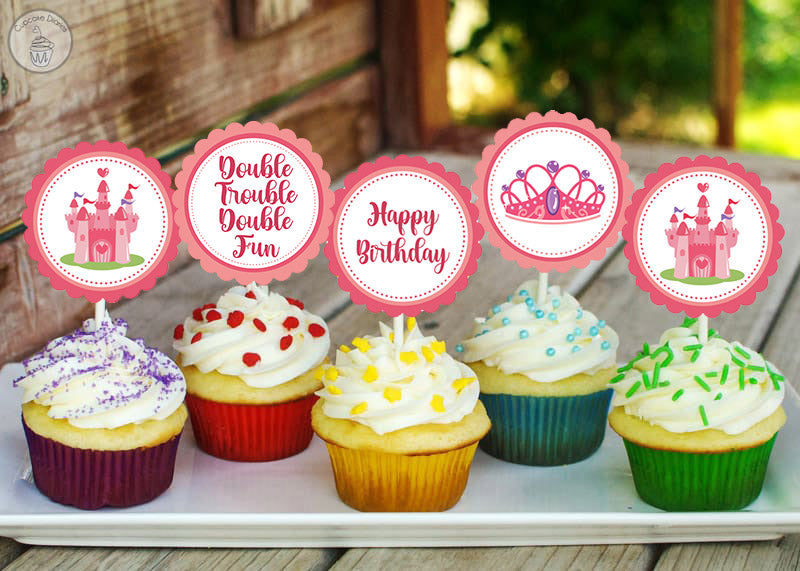 Twin Girls Theme Birthday Party Cupcake Toppers for Decoration