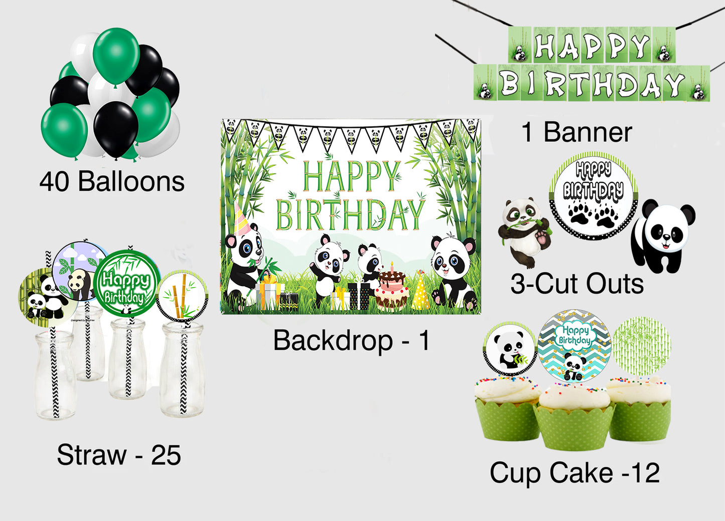 Panda Theme Birthday Party Combo Kit with Backdrop & Decorations