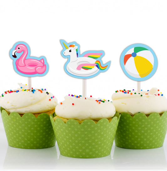 Pool Party Birthday Cupcake Toppers for Decoration 