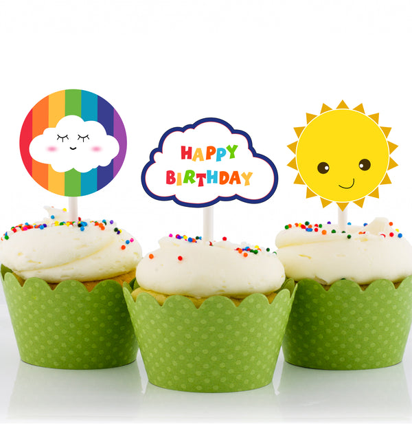 Rainbow Theme Birthday Party Cupcake Toppers for Decoration 